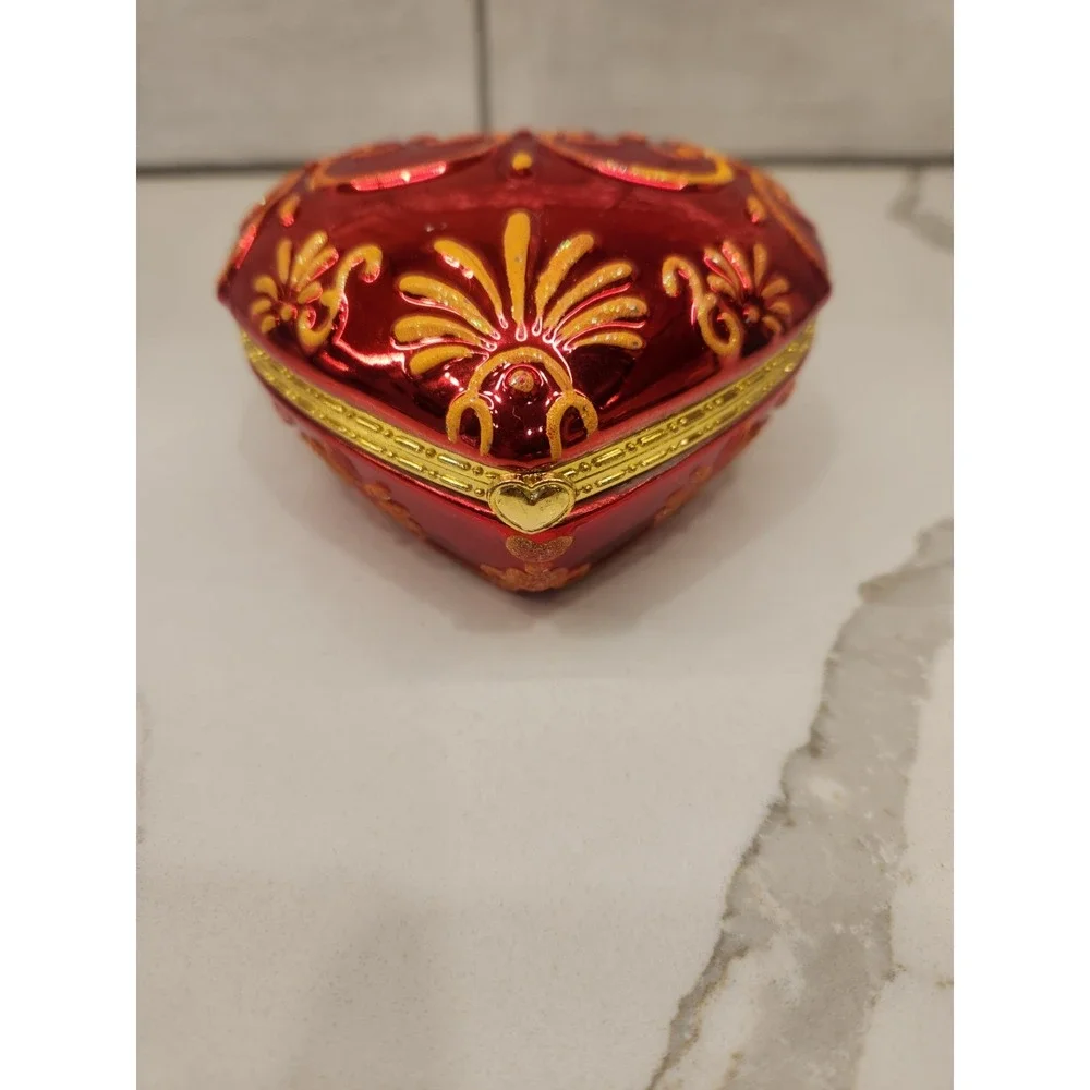 Vintage Christopher Radko Red Gold Glitter‎ Heart Hinged Trinket Box Jewelry Box